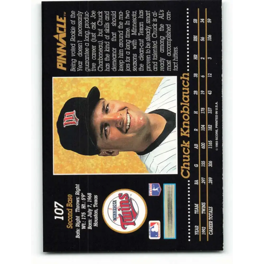1993 Pinnacle #107 Chuck Knoblauch NM-MT Minnesota Twins Baseball Card - Baseball Card Single