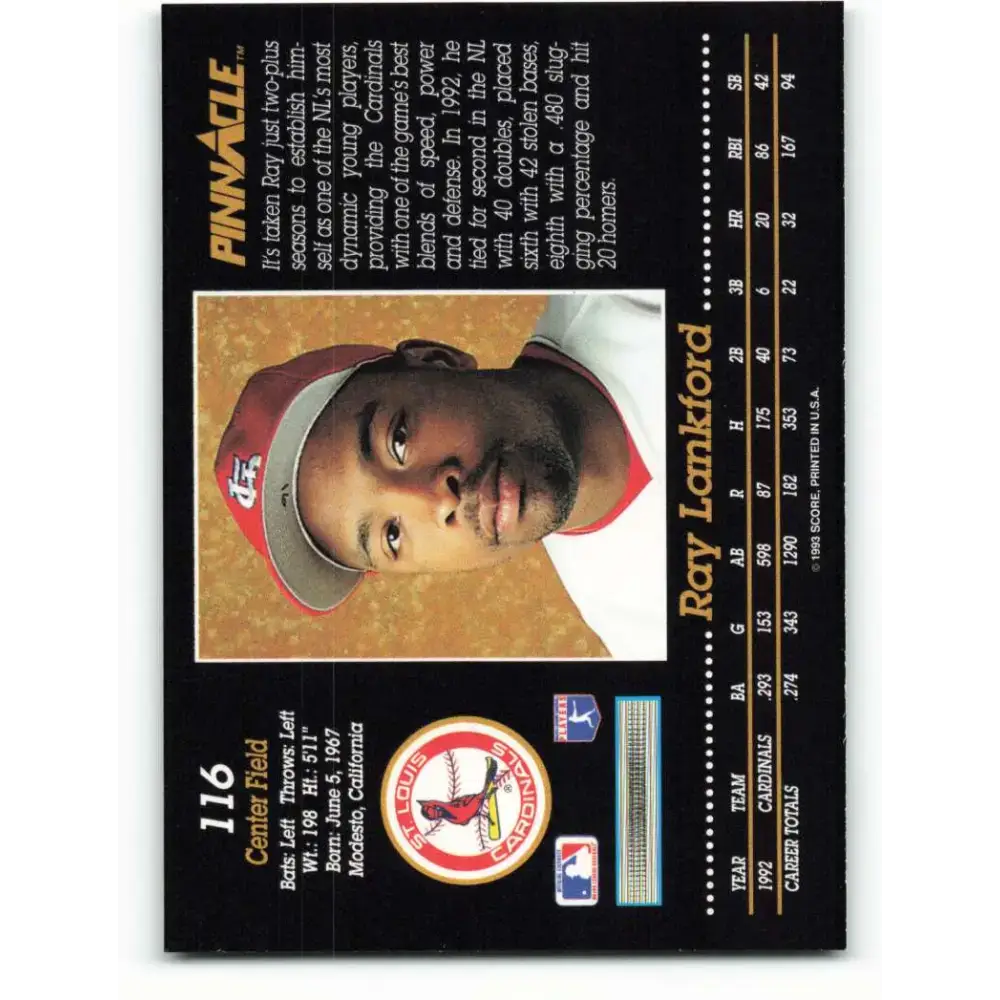 1993 Pinnacle #116 Ray Lankford NM-MT St. Louis Cardinals Baseball Card - Baseball Card Single