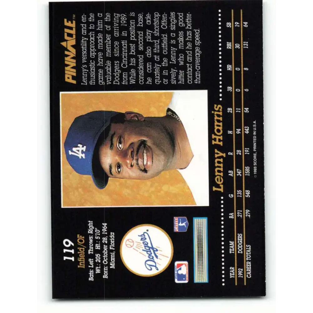 1993 Pinnacle #119 Lenny Harris NM-MT Los Angeles Dodgers Baseball Card - Baseball Card Single