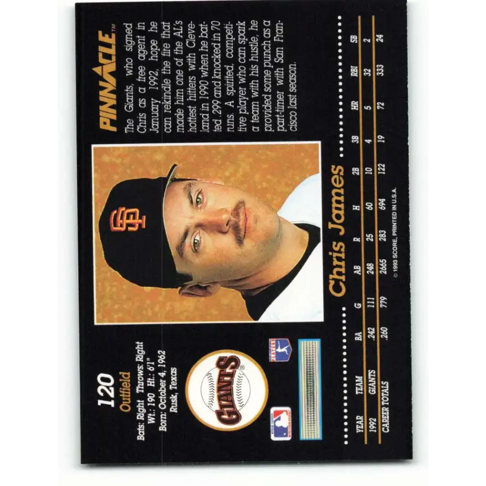 1993 Pinnacle #120 Chris James NM-MT San Francisco Giants Baseball Card - Baseball Card Single