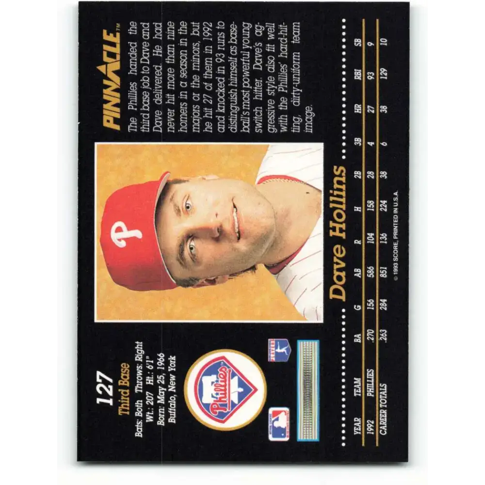 1993 Pinnacle #127 Dave Hollins NM-MT Philadelphia Phillies Baseball Card - Baseball Card Single
