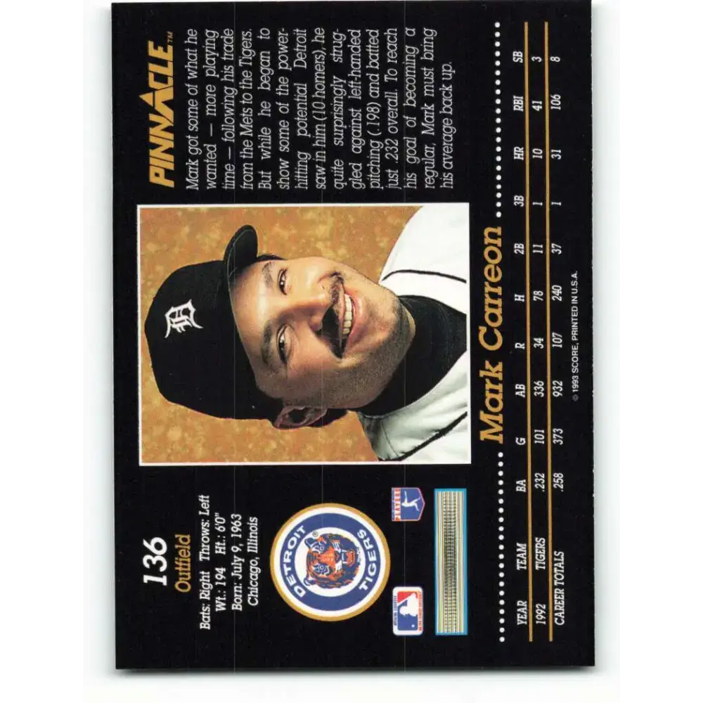 1993 Pinnacle #136 Mark Carreon NM-MT Detroit Tigers Baseball Card - Baseball Card Single
