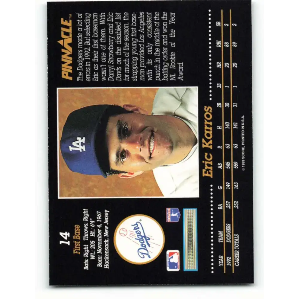 1993 Pinnacle #14 Eric Karros NM-MT Los Angeles Dodgers Baseball Card - Baseball Card Single