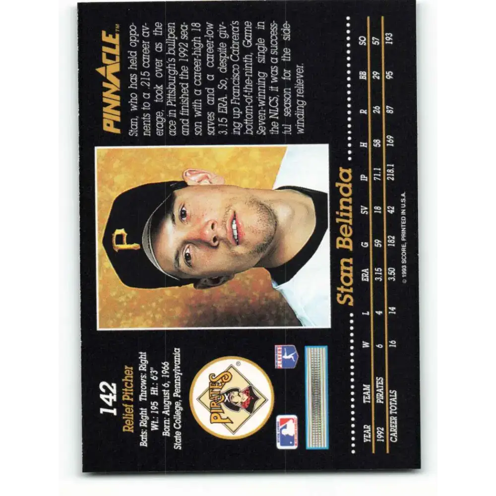 1993 Pinnacle #142 Stan Belinda NM-MT Pittsburgh Pirates Baseball Card - Baseball Card Single