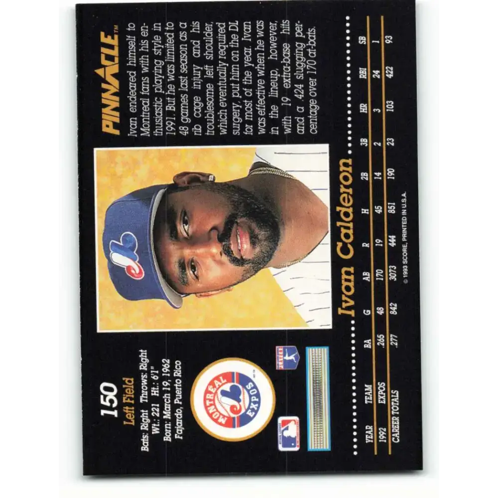 1993 Pinnacle #150 Ivan Calderon NM-MT Montreal Expos Baseball Card - Baseball Card Single