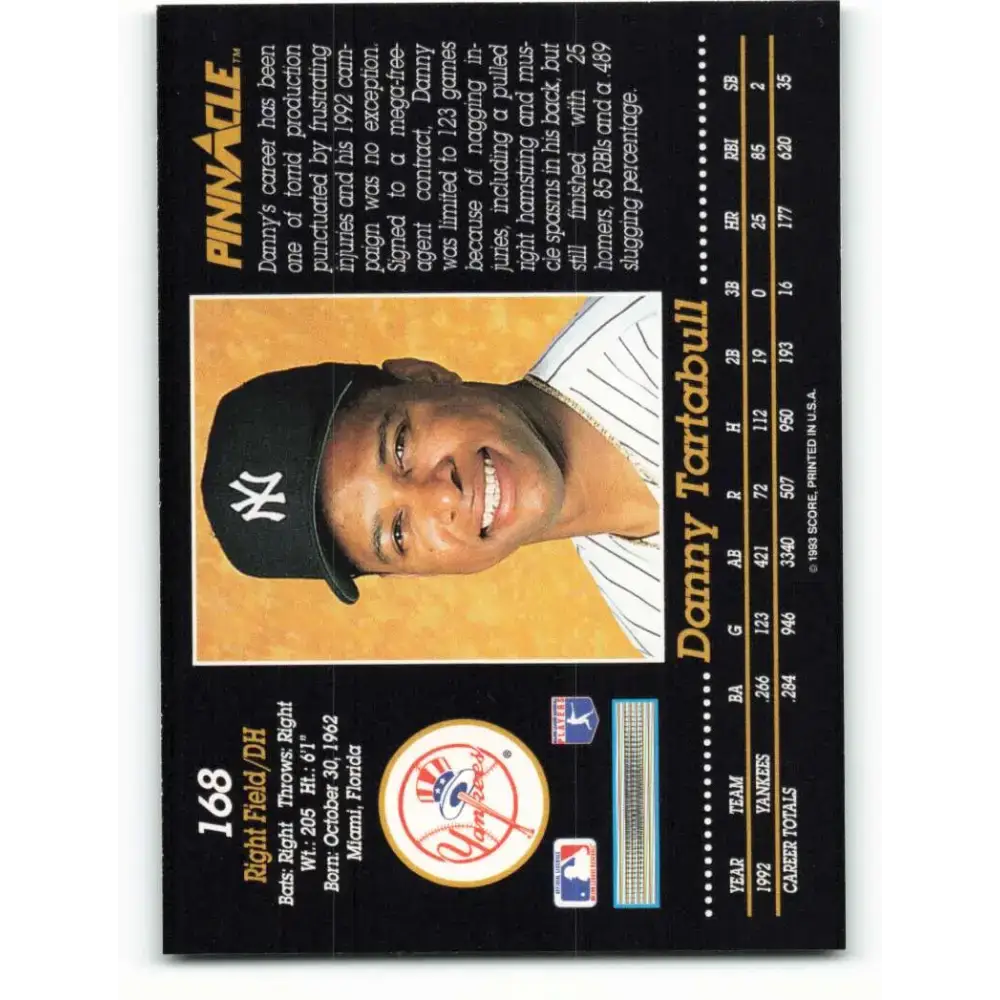 1993 Pinnacle #168 Danny Tartabull NM-MT New York Yankees Baseball Card - Baseball Card Single