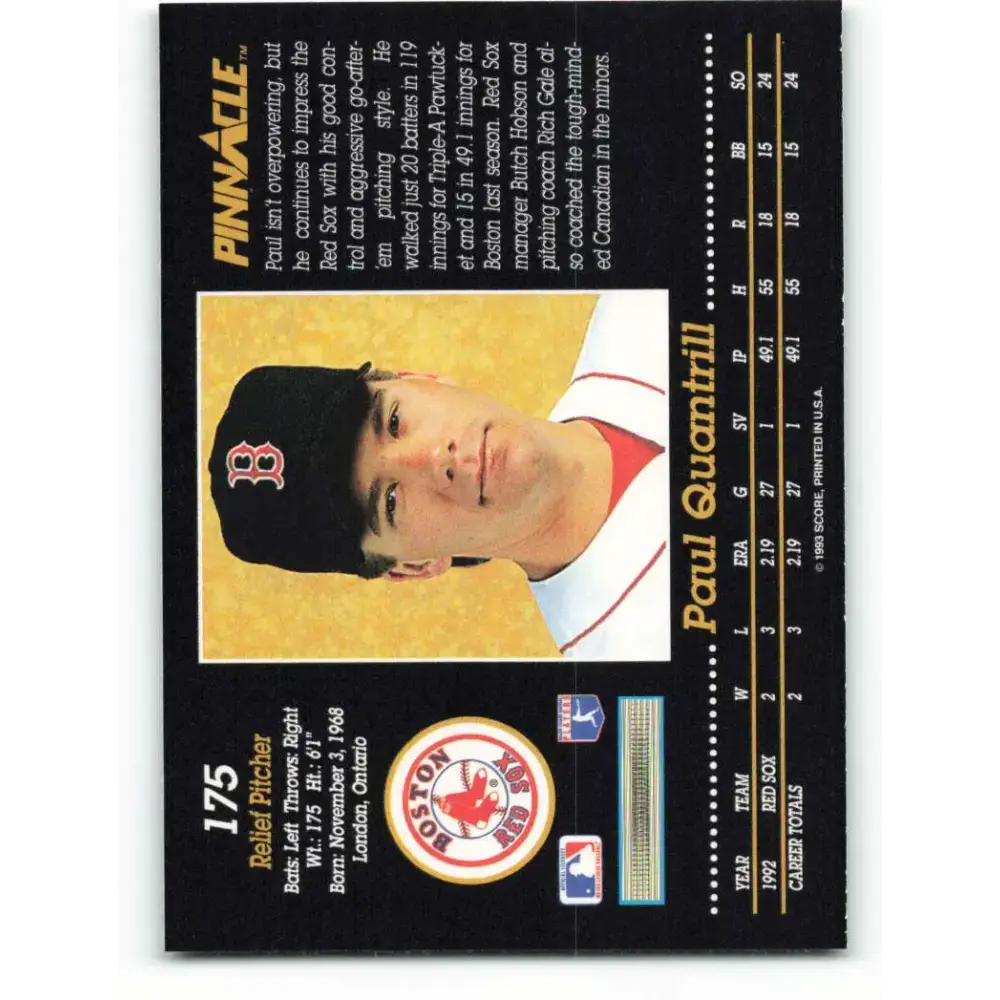 1993 Pinnacle #175 Paul Quantrill NM-MT Boston Red Sox Baseball Card - Baseball Card Single