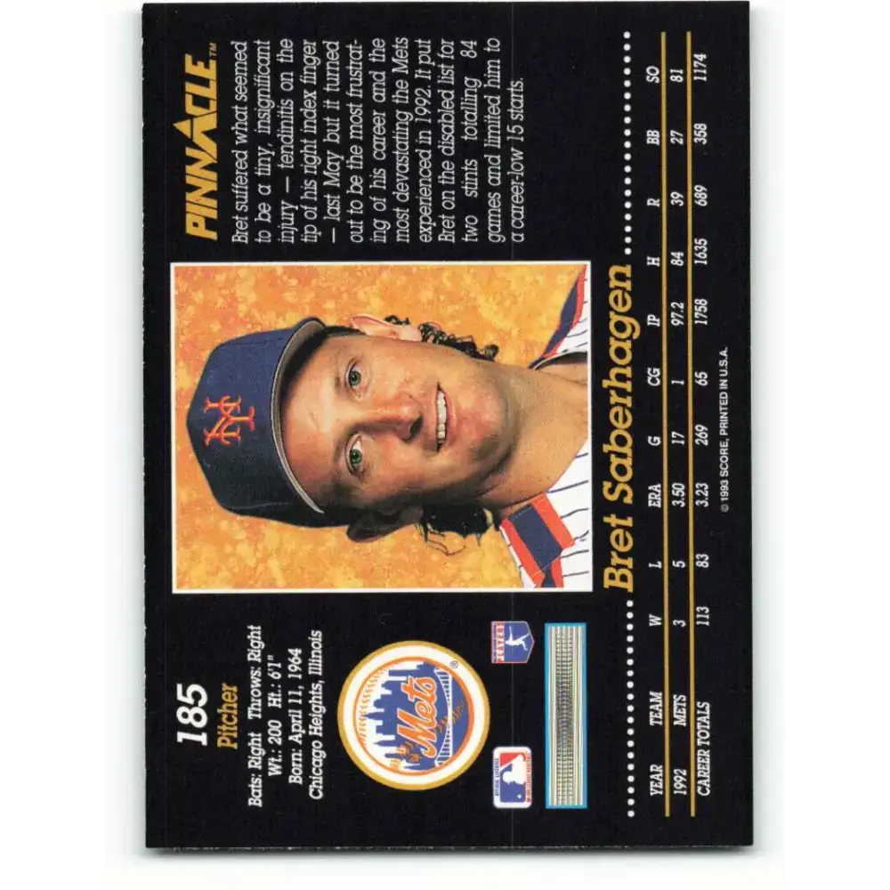 1993 Pinnacle #185 Bret Saberhagen NM-MT New York Mets Baseball Card - Baseball Card Single