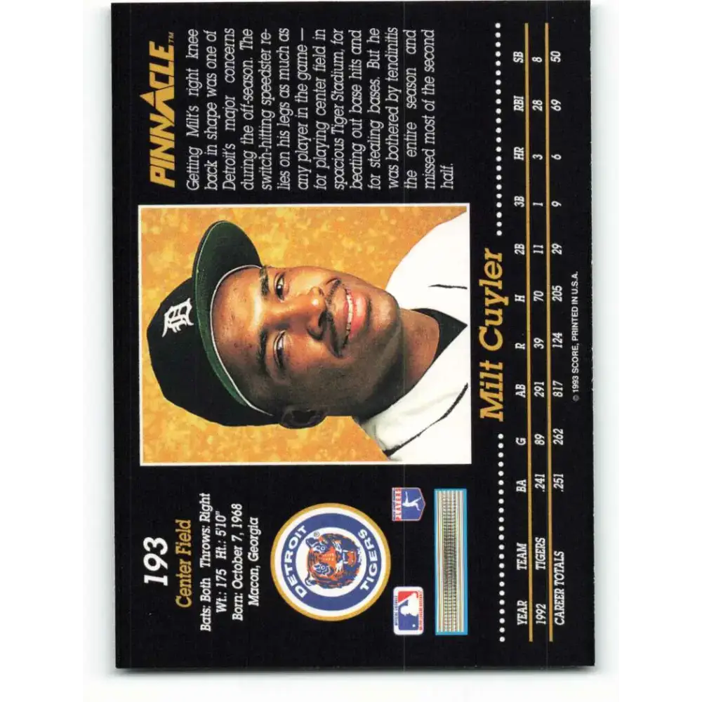 1993 Pinnacle #193 Milt Cuyler NM-MT Detroit Tigers Baseball Card - Baseball Card Single