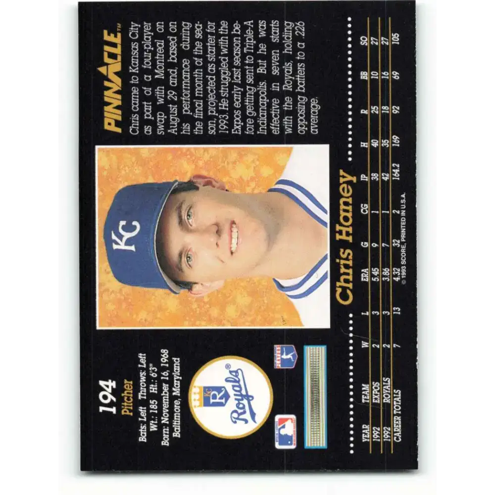 1993 Pinnacle #194 Chris Haney NM-MT Kansas City Royals Baseball Card - Baseball Card Single