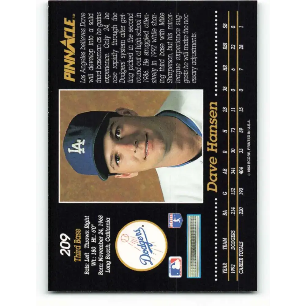 1993 Pinnacle #209 Dave Hansen NM-MT Los Angeles Dodgers Baseball Card - Baseball Card Single