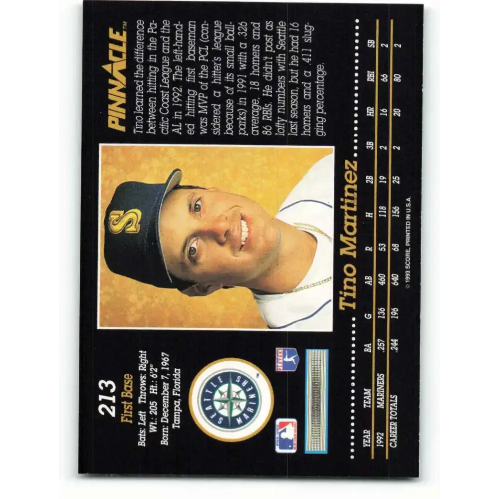 1993 Pinnacle #213 Tino Martinez NM-MT Seattle Mariners Baseball Card - Baseball Card Single