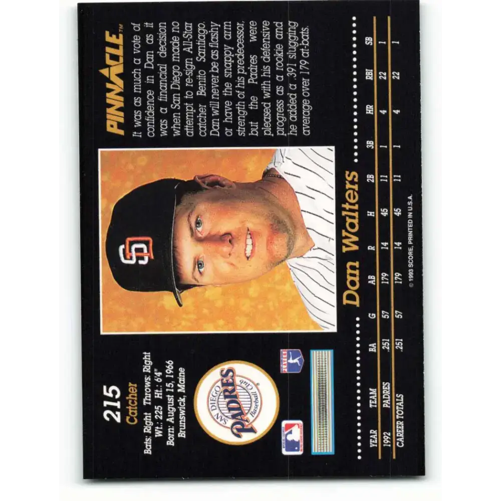1993 Pinnacle #215 Dan Walters NM-MT San Diego Padres Baseball Card - Baseball Card Single
