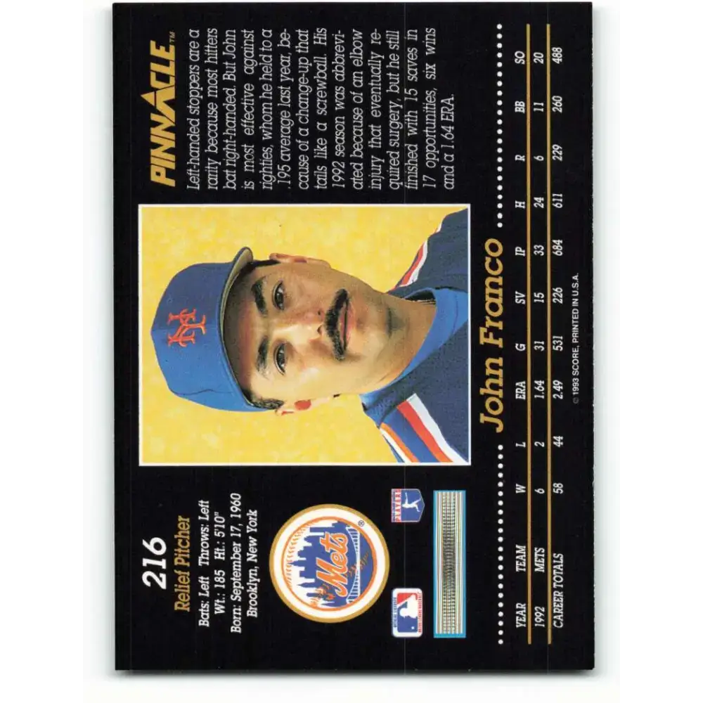1993 Pinnacle #216 John Franco NM-MT New York Mets Baseball Card - Baseball Card Single