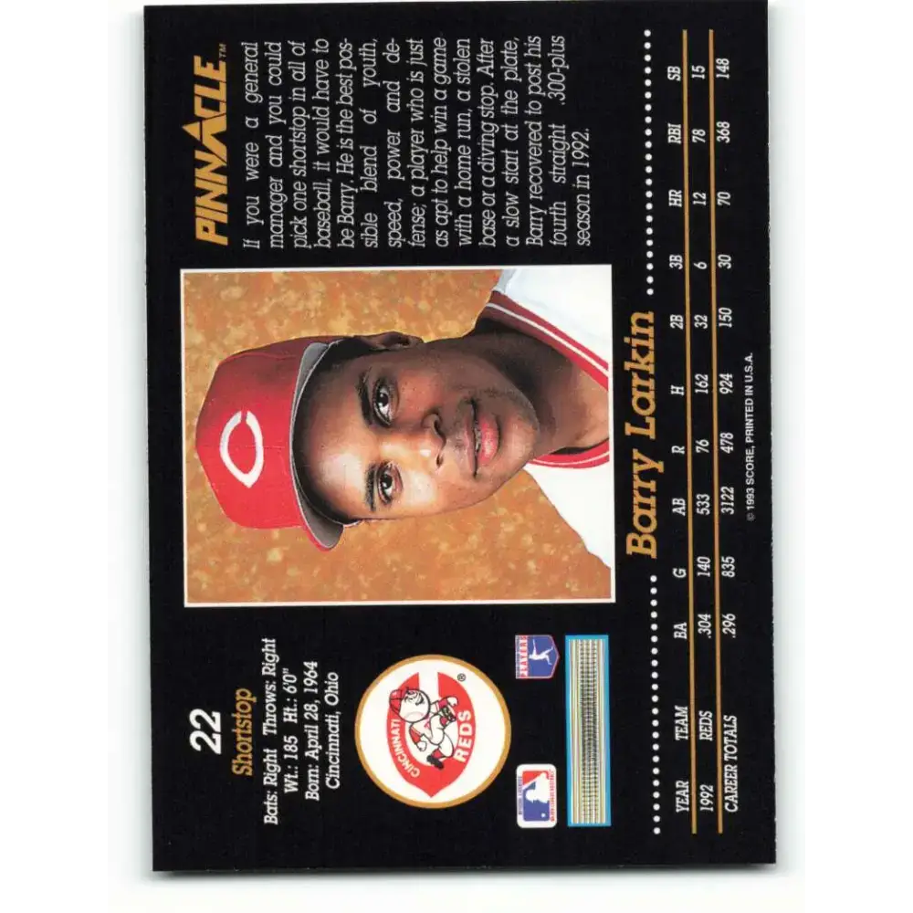1993 Pinnacle #22 Barry Larkin NM-MT Cincinnati Reds Baseball Card - Baseball Card Single