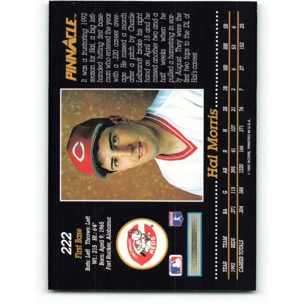 1993 Pinnacle #222 Hal Morris NM-MT Cincinnati Reds Baseball Card - Baseball Card Single