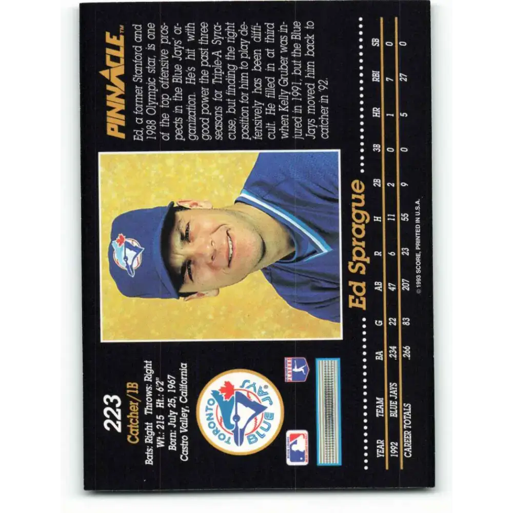 1993 Pinnacle #223 Ed Sprague NM-MT Toronto Blue Jays Baseball Card - Baseball Card Single