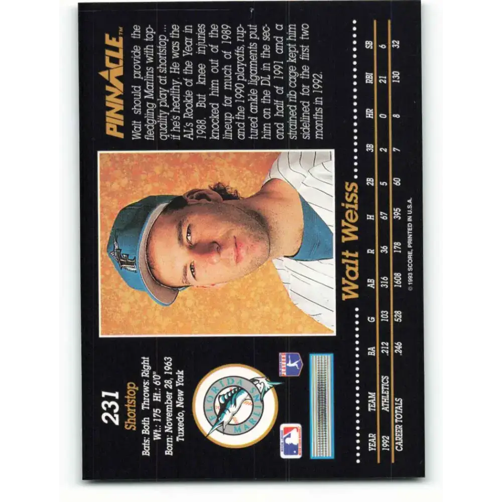 1993 Pinnacle #231 Walt Weiss NM-MT Florida Marlins Baseball Card - Baseball Card Single