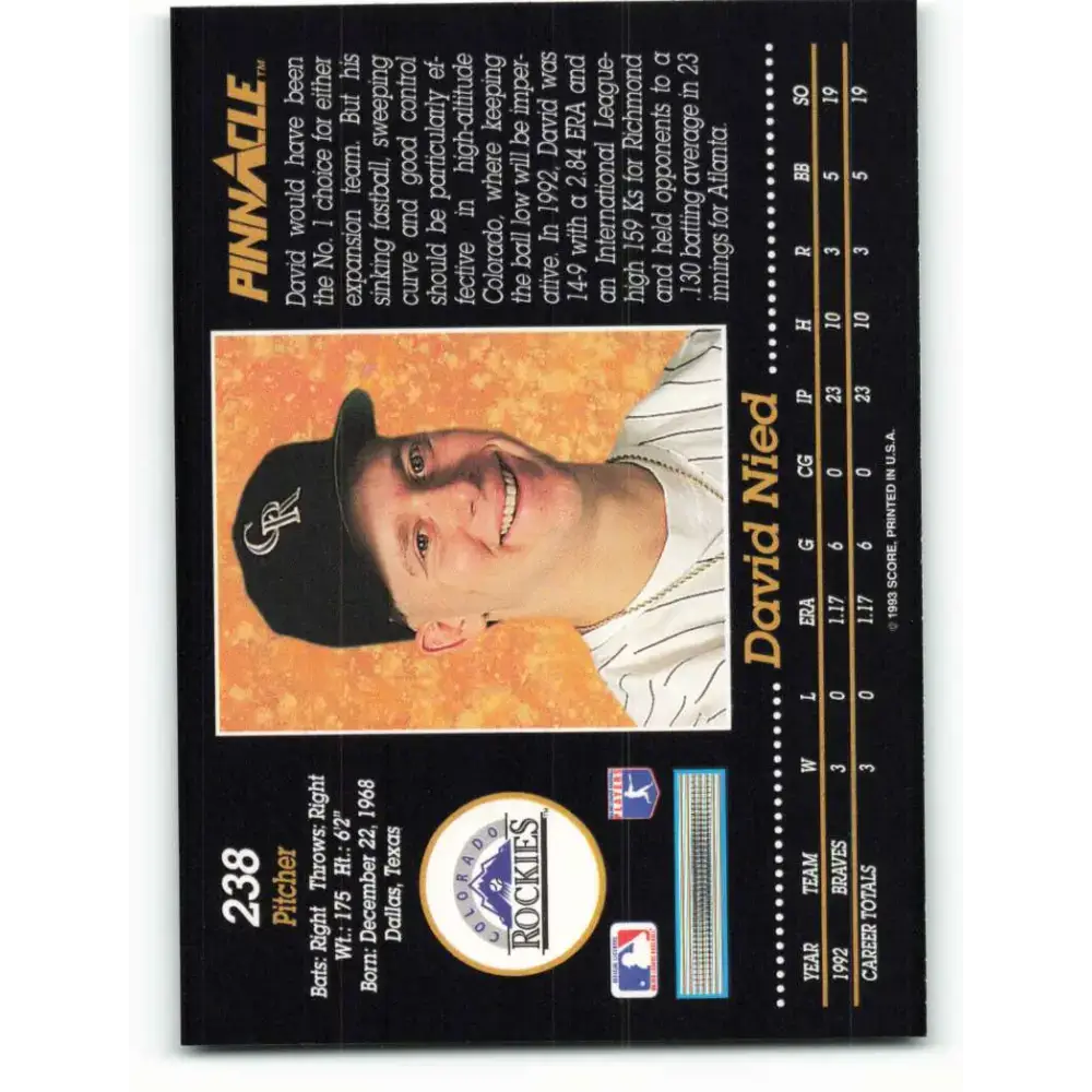 1993 Pinnacle #238 David Nied NM-MT Colorado Rockies Baseball Card - Baseball Card Single