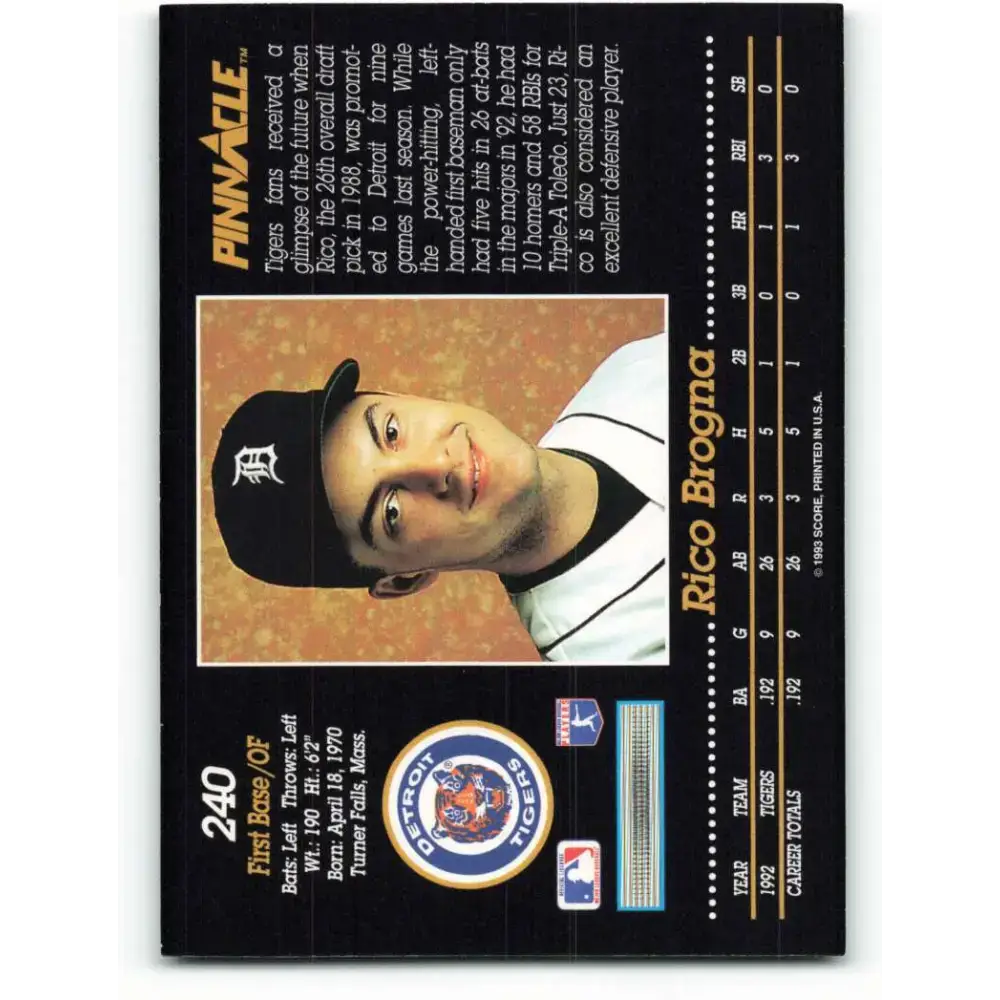 1993 Pinnacle #240 Rico Brogna NM-MT Detroit Tigers Baseball Card - Baseball Card Single