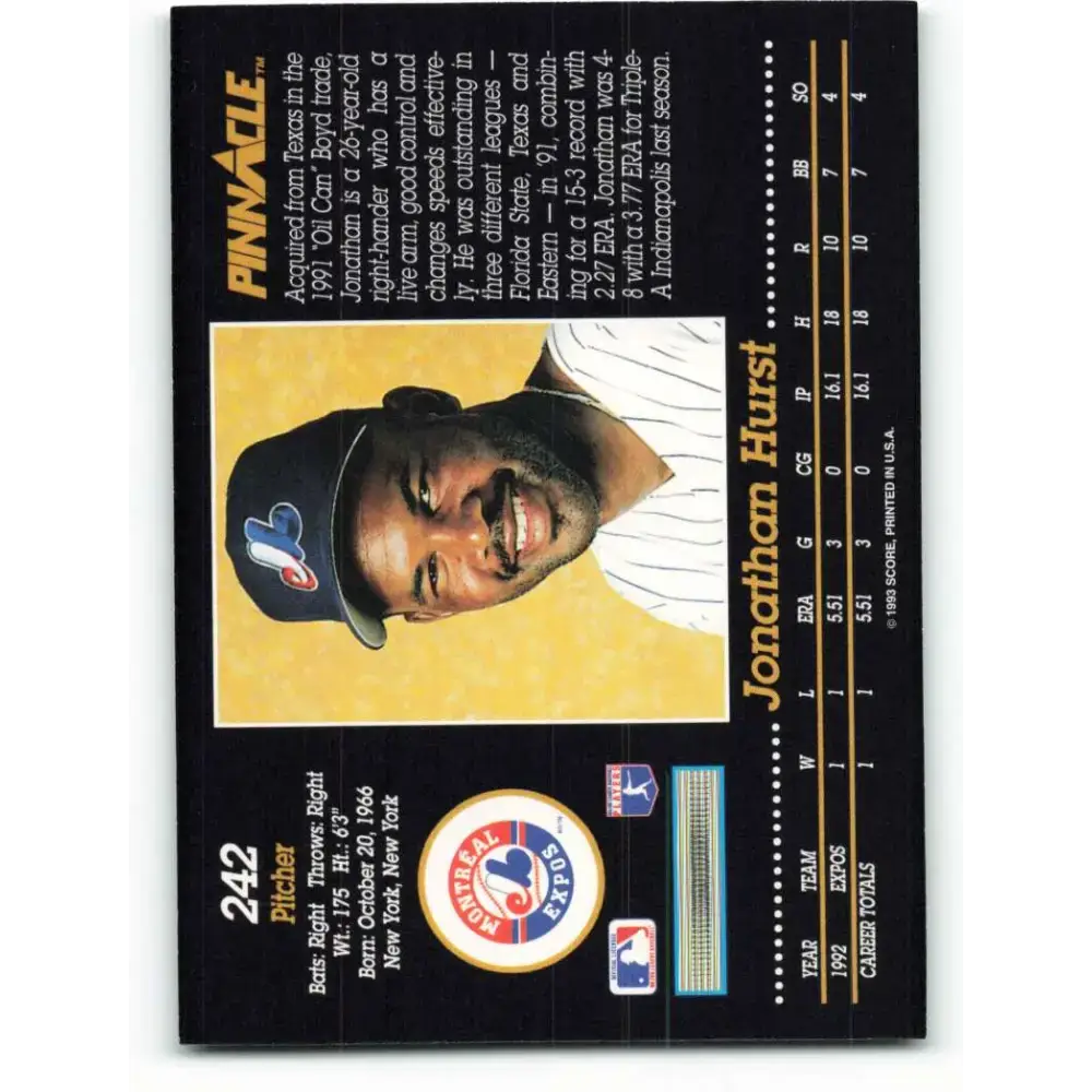 1993 Pinnacle #242 Jonathan Hurst NM-MT Montreal Expos Baseball Card - Baseball Card Single