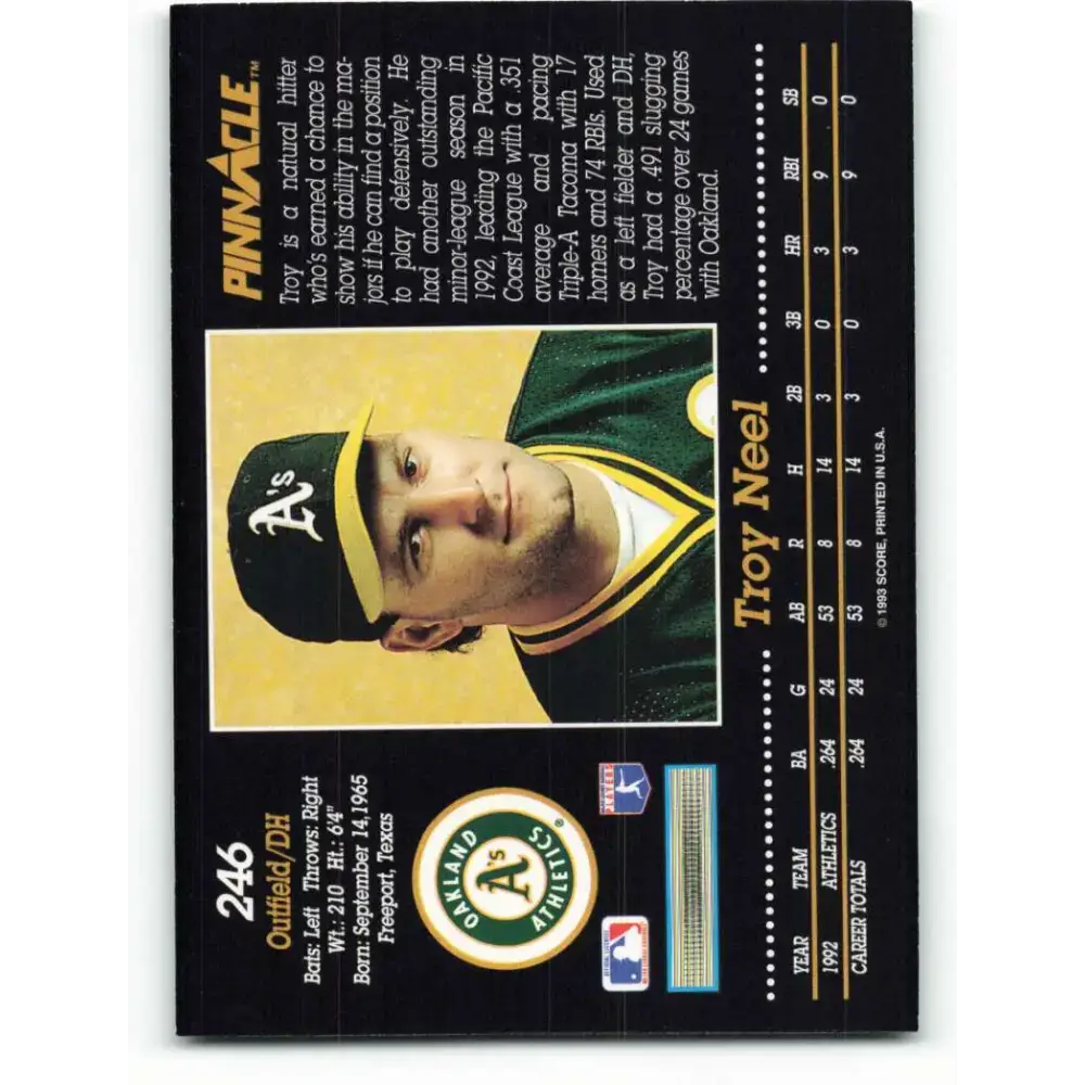 1993 Pinnacle #246 Troy Neel NM-MT Oakland Athletics Baseball Card - Baseball Card Single