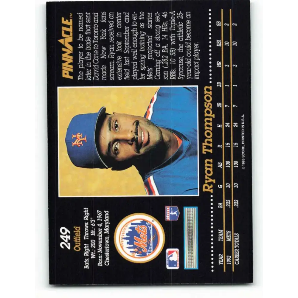 1993 Pinnacle #249 Ryan Thompson NM-MT New York Mets Baseball Card - Baseball Card Single