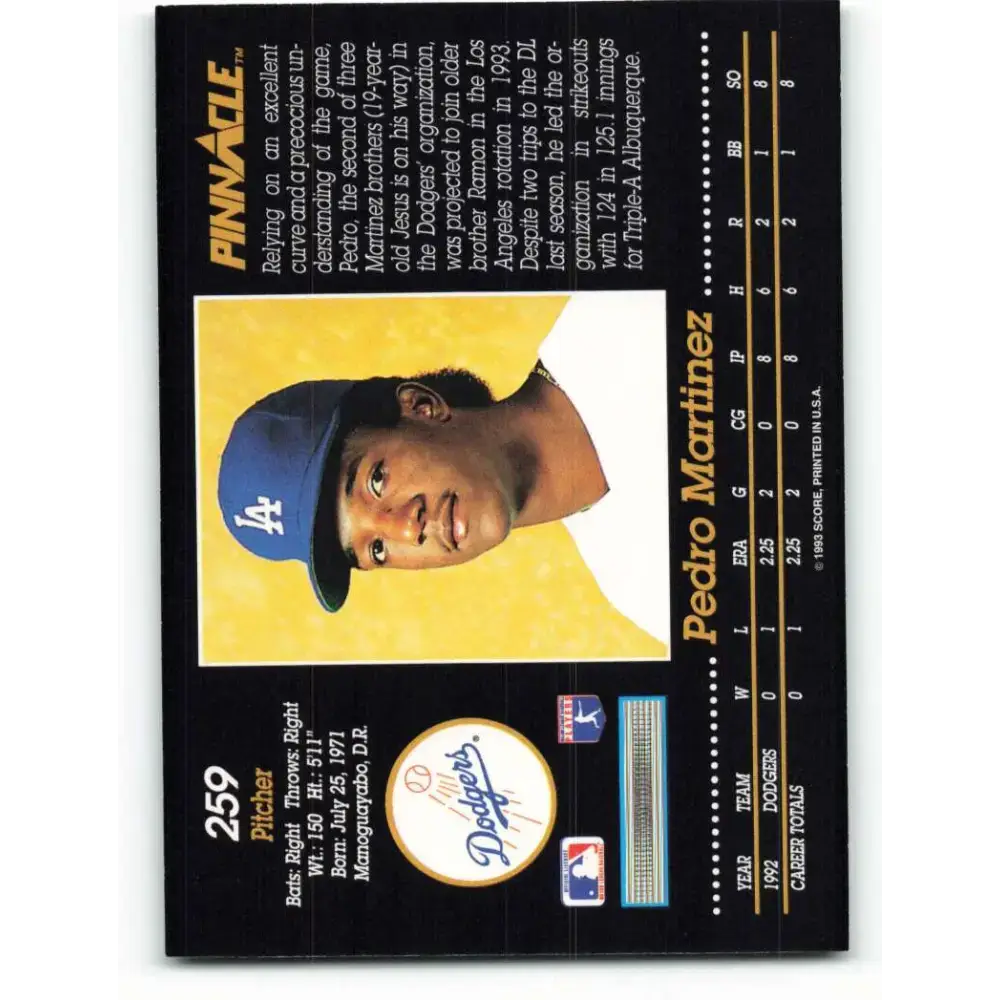 1993 Pinnacle #259 Pedro Martinez NM-MT Los Angeles Dodgers Baseball Card - Baseball Card Single