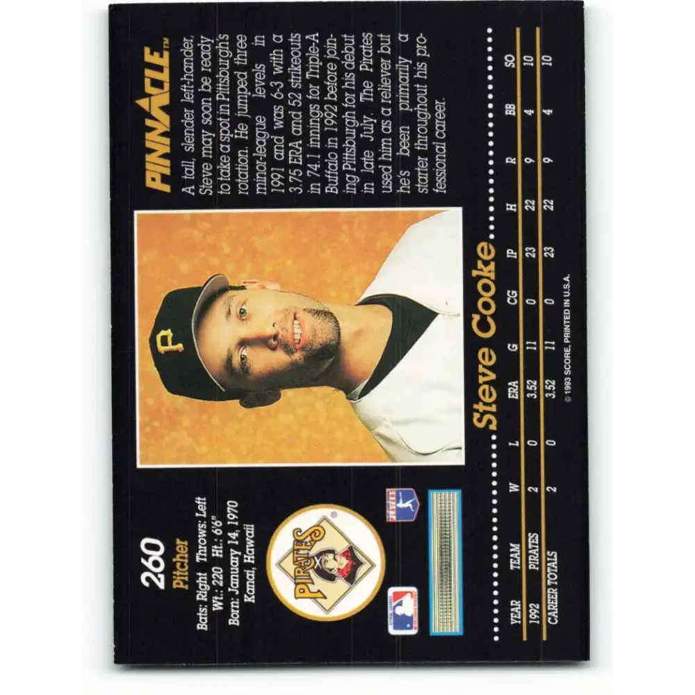 1993 Pinnacle #260 Steve Cooke NM-MT Pittsburgh Pirates Baseball Card - Baseball Card Single