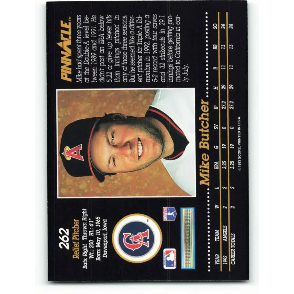 1993 Pinnacle #262 Mike Butcher NM-MT California Angels Baseball Card - Baseball Card Single