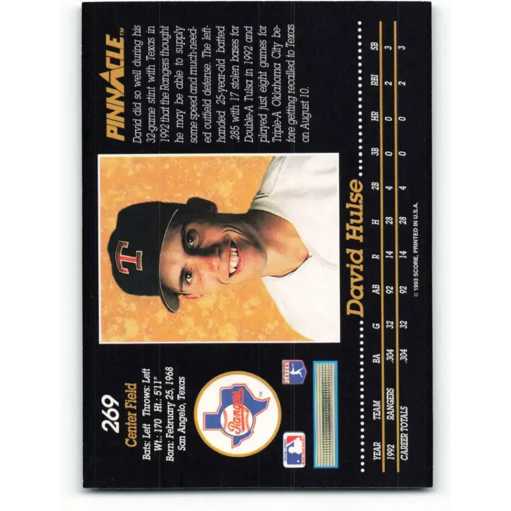1993 Pinnacle #269 David Hulse NM-MT RC Rookie Texas Rangers Baseball Card - Baseball Card Single