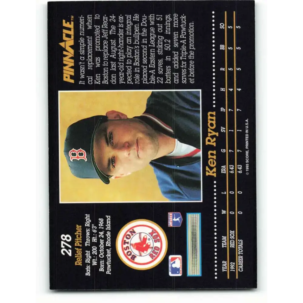 1993 Pinnacle #278 Ken Ryan NM-MT RC Rookie Boston Red Sox Baseball Card - Baseball Card Single