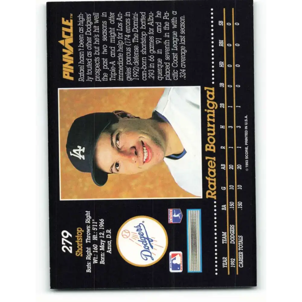 1993 Pinnacle #279 Rafael Bournigal NM-MT RC Rookie Los Angeles Dodgers Baseball Card - Baseball Card Single