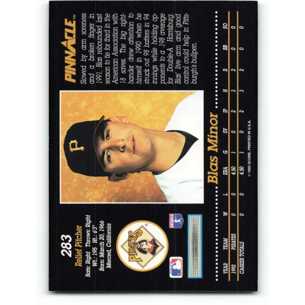 1993 Pinnacle #283 Blas Minor NM-MT Pittsburgh Pirates Baseball Card - Baseball Card Single