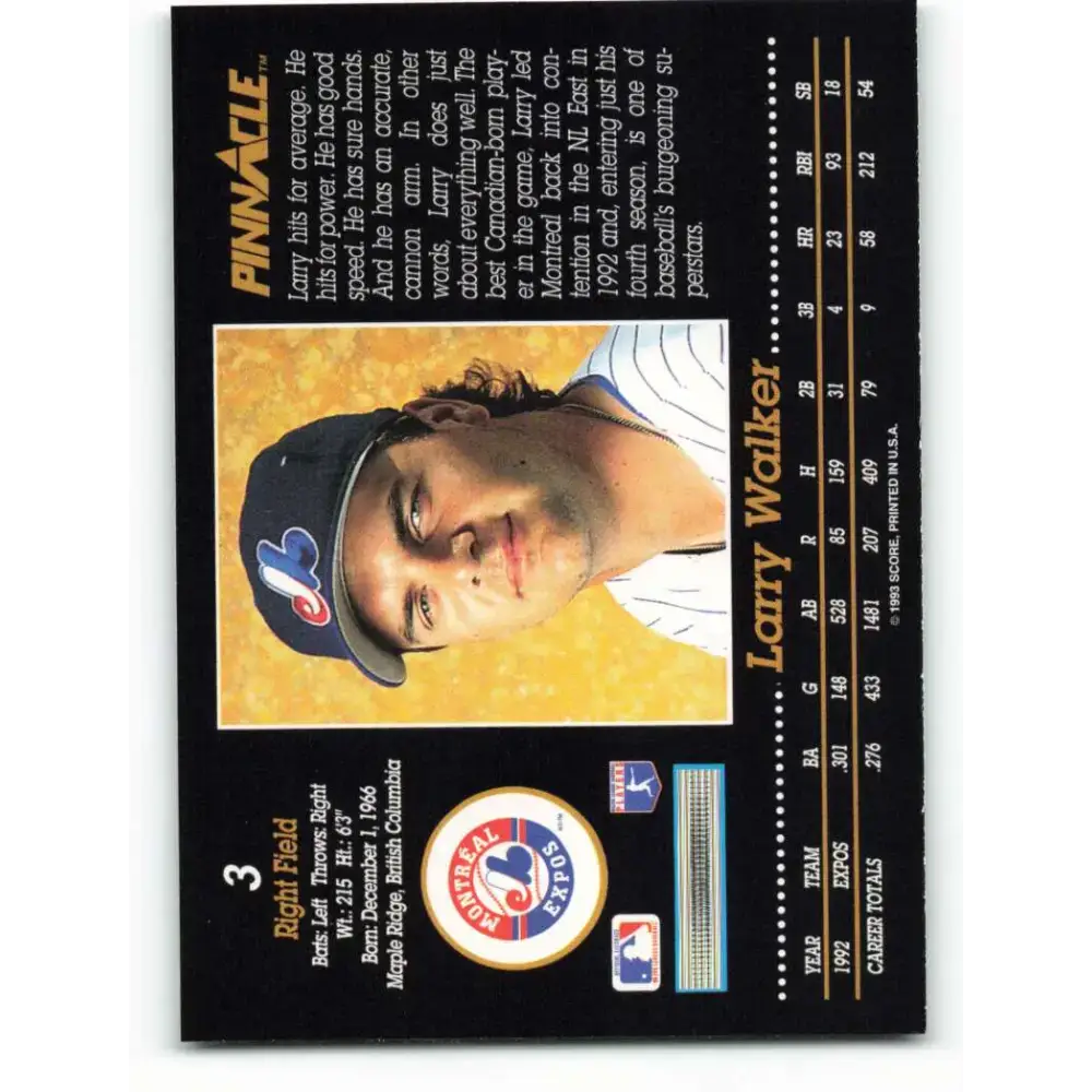 1993 Pinnacle #3 Larry Walker NM-MT Montreal Expos Baseball Card - Baseball Card Single