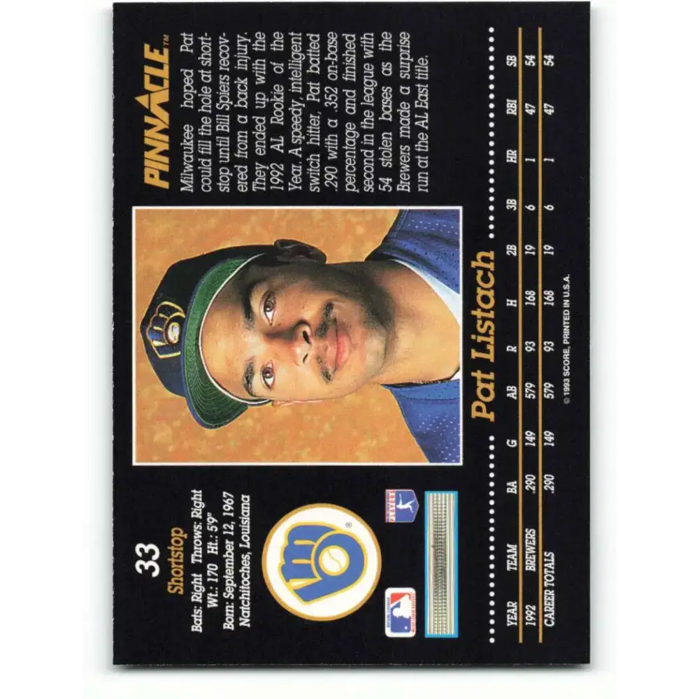 1993 Pinnacle #33 Pat Listach NM-MT Milwaukee Brewers Baseball Card - Baseball Card Single