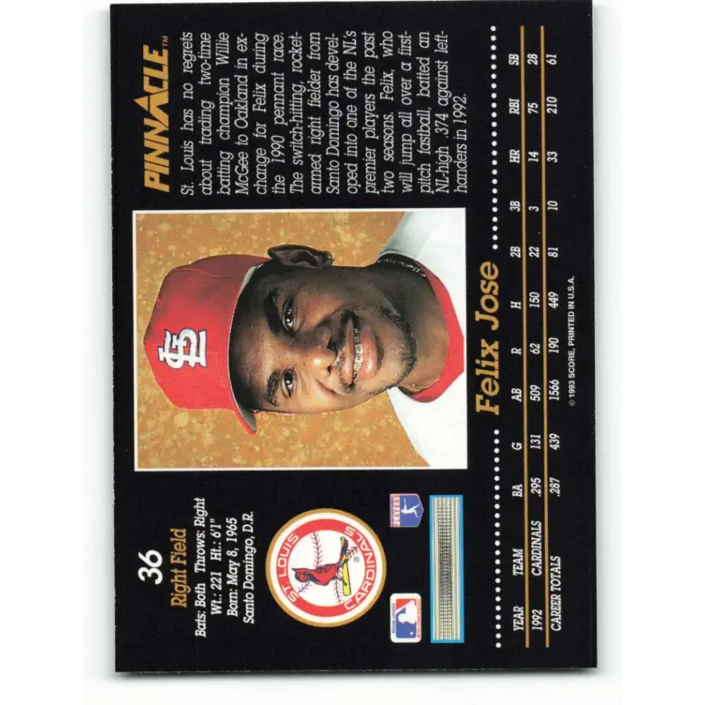 1993 Pinnacle #36 Felix Jose NM-MT St. Louis Cardinals Baseball Card - Baseball Card Single
