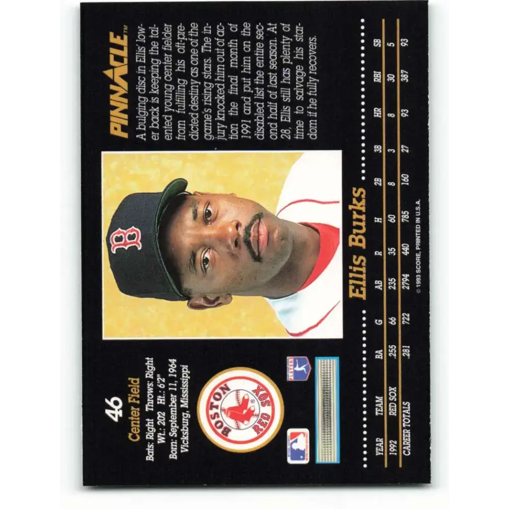 1993 Pinnacle #46 Ellis Burks NM-MT Boston Red Sox Baseball Card - Baseball Card Single
