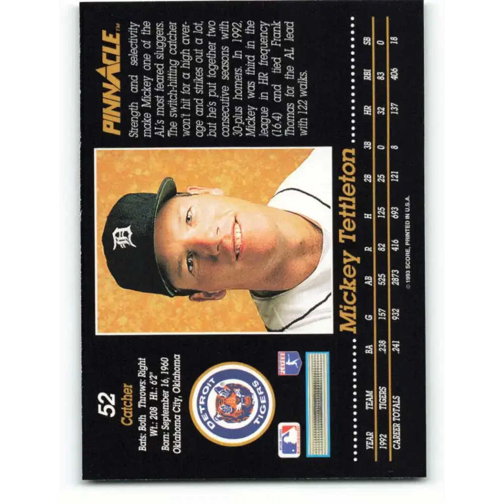 1993 Pinnacle #52 Mickey Tettleton NM-MT Detroit Tigers Baseball Card - Baseball Card Single