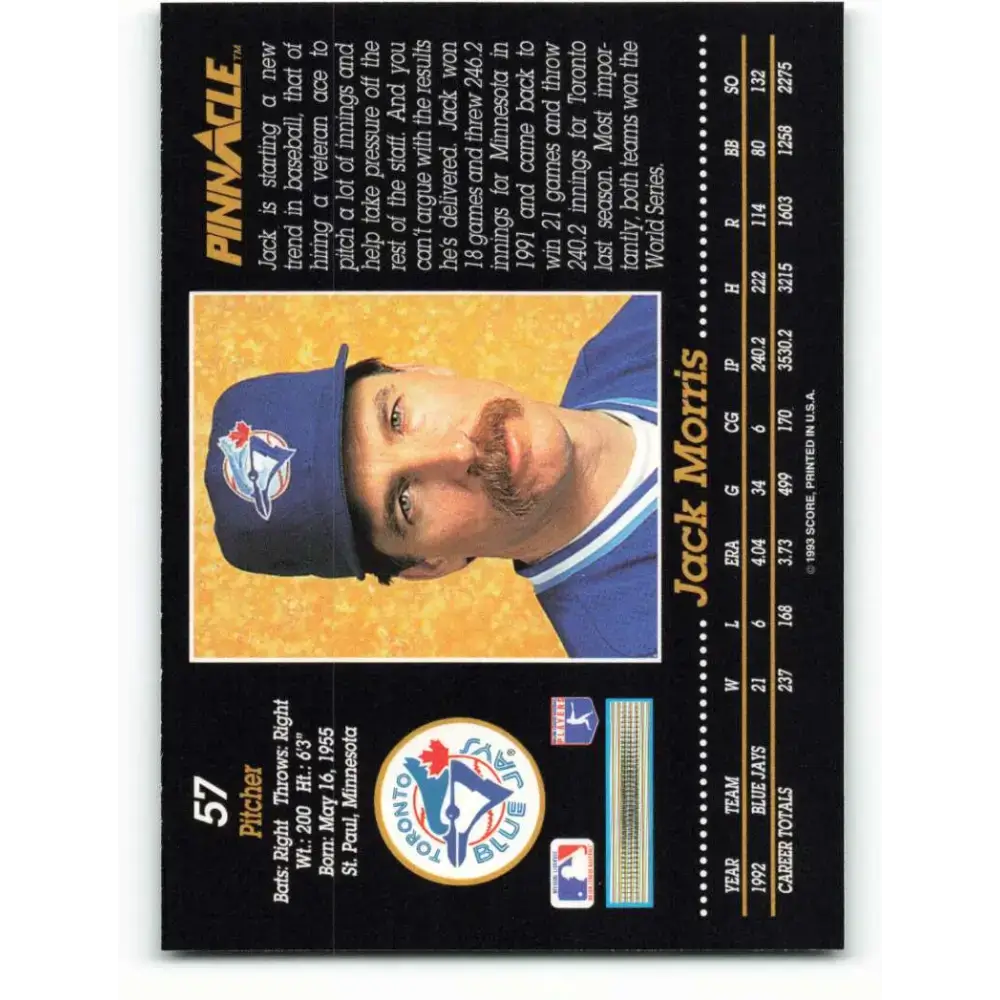 1993 Pinnacle #57 Jack Morris NM-MT Toronto Blue Jays Baseball Card - Baseball Card Single