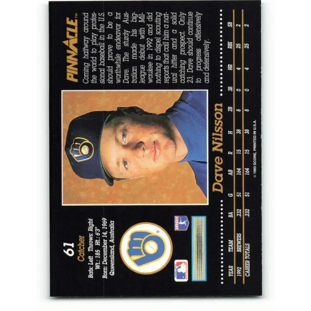1993 Pinnacle #61 Dave Nilsson NM-MT Milwaukee Brewers Baseball Card - Baseball Card Single