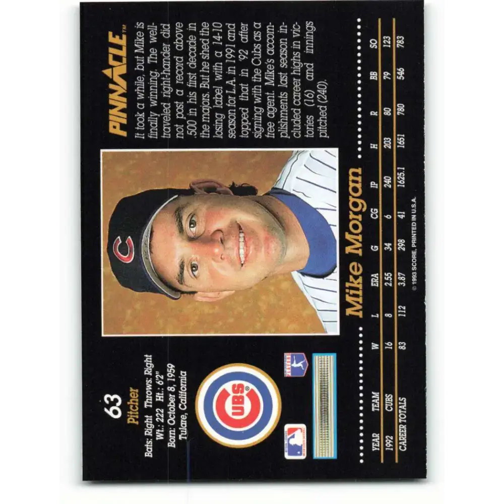 1993 Pinnacle #63 Mike Morgan NM-MT Chicago Cubs Baseball Card - Baseball Card Single