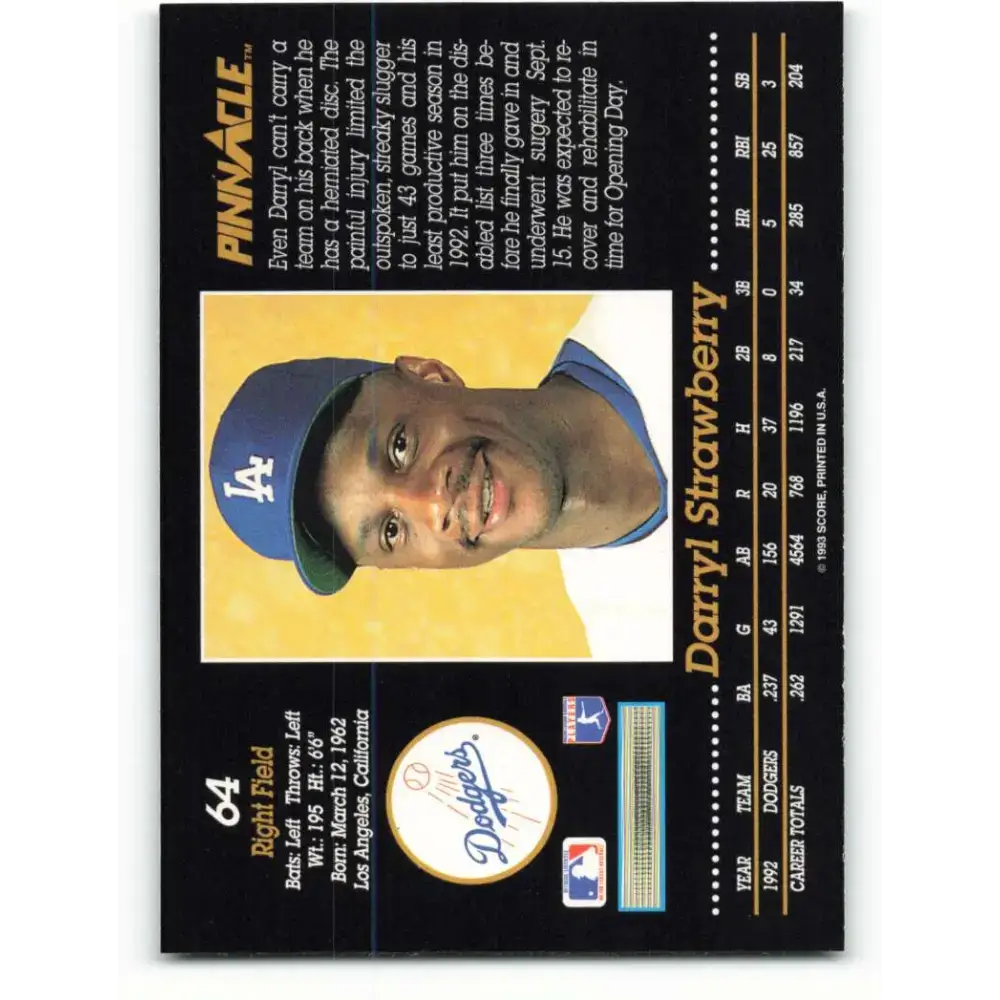 1993 Pinnacle #64 Darryl Strawberry NM-MT Los Angeles Dodgers Baseball Card - Baseball Card Single