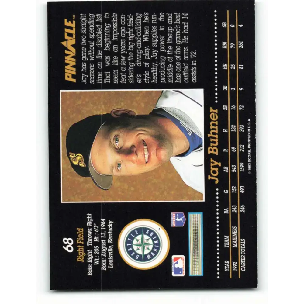 1993 Pinnacle #68 Jay Buhner NM-MT Seattle Mariners Baseball Card - Baseball Card Single
