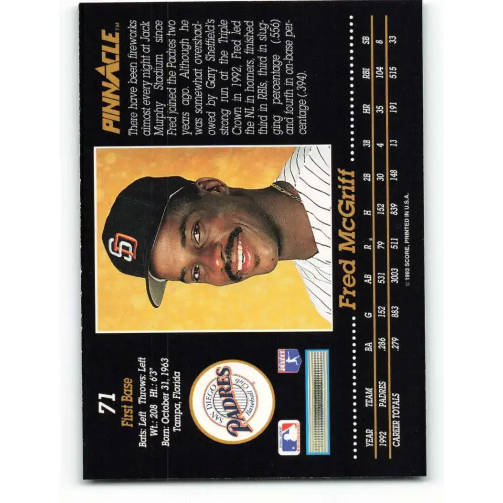 1993 Pinnacle #71 Fred McGriff NM-MT San Diego Padres Baseball Card - Baseball Card Single
