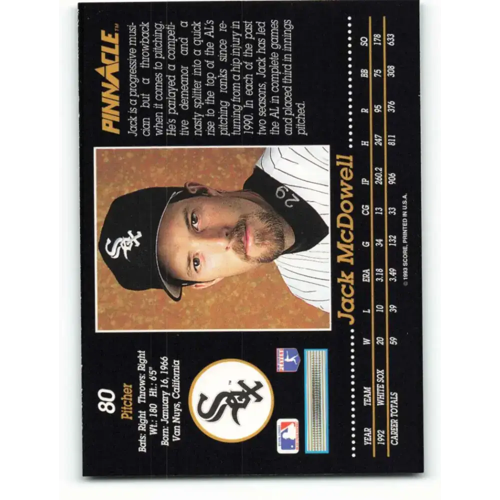 1993 Pinnacle #80 Jack McDowell NM-MT Chicago White Sox Baseball Card - Baseball Card Single