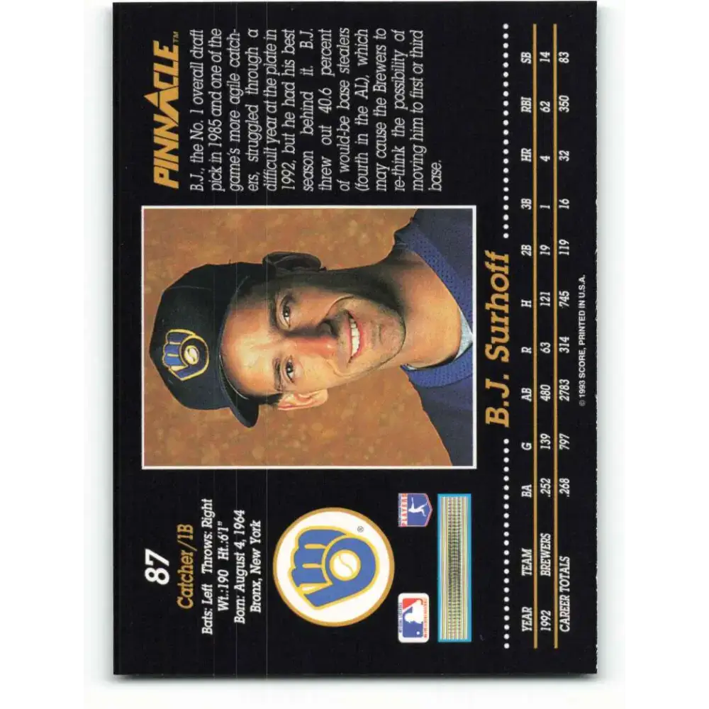 1993 Pinnacle #87 B.J. Surhoff NM-MT Milwaukee Brewers Baseball Card - Baseball Card Single