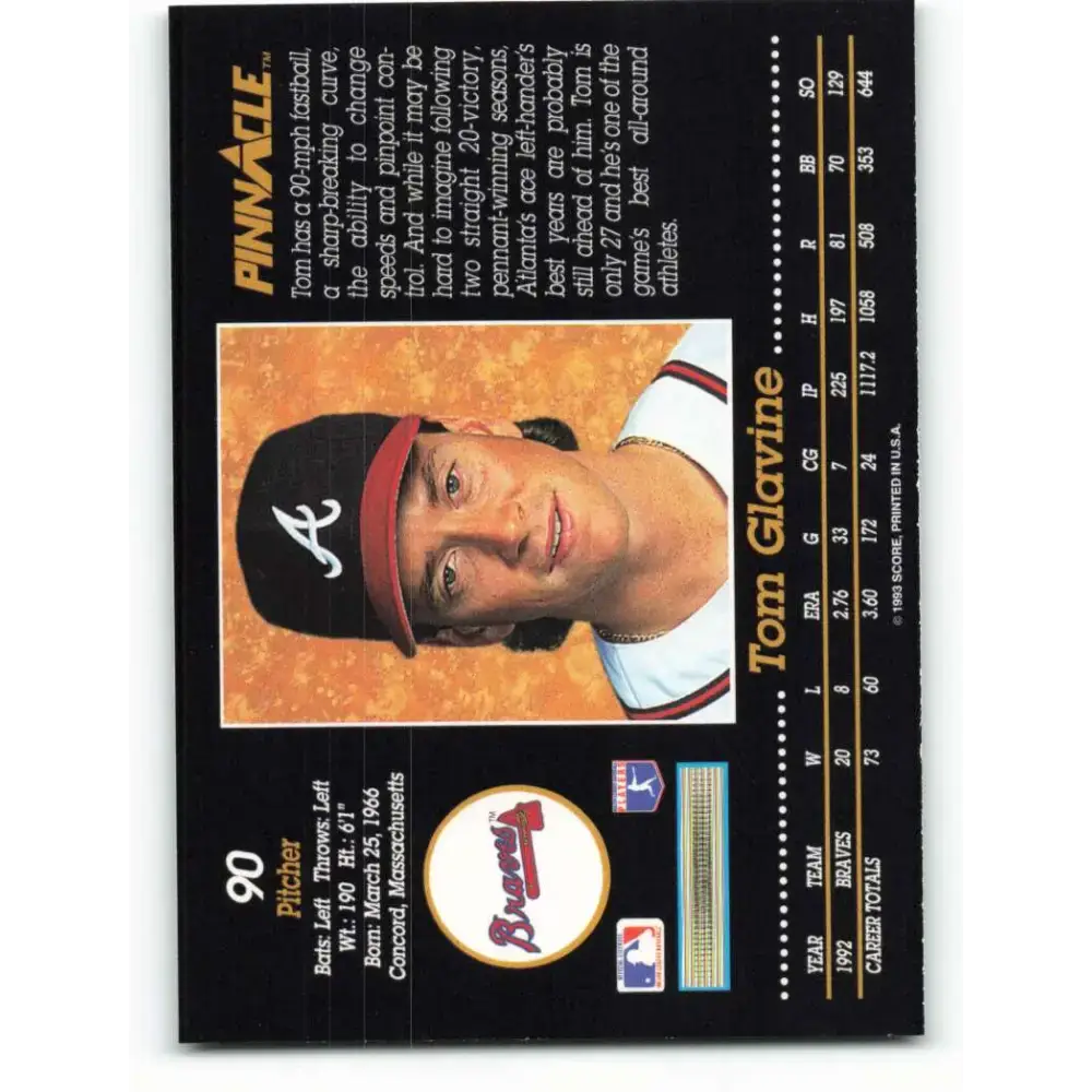 1993 Pinnacle #90 Tom Glavine NM-MT Atlanta Braves Baseball Card - Baseball Card Single