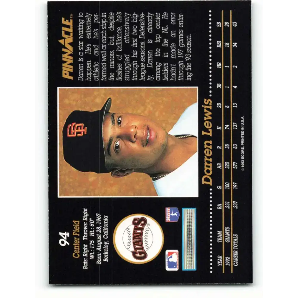 1993 Pinnacle #94 Darren Lewis NM-MT San Francisco Giants Baseball Card - Baseball Card Single