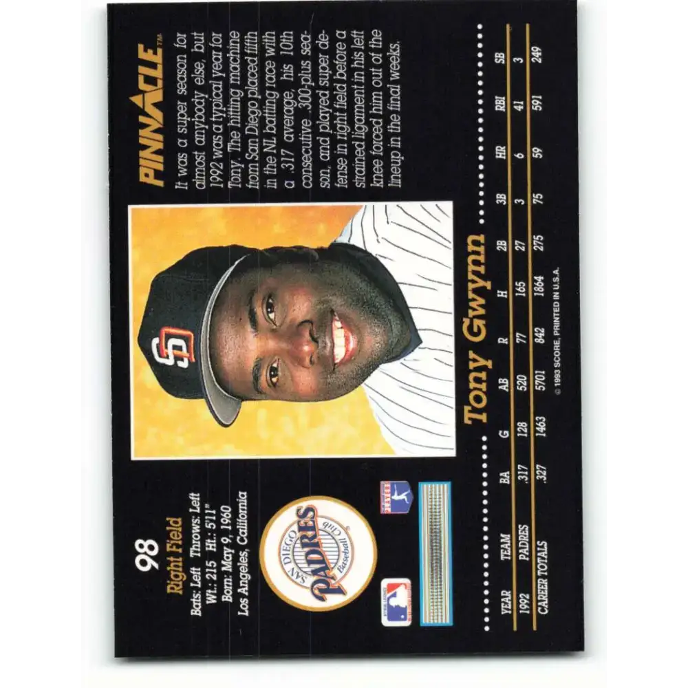 1993 Pinnacle #98 Tony Gwynn NM-MT San Diego Padres Baseball Card - Baseball Card Single